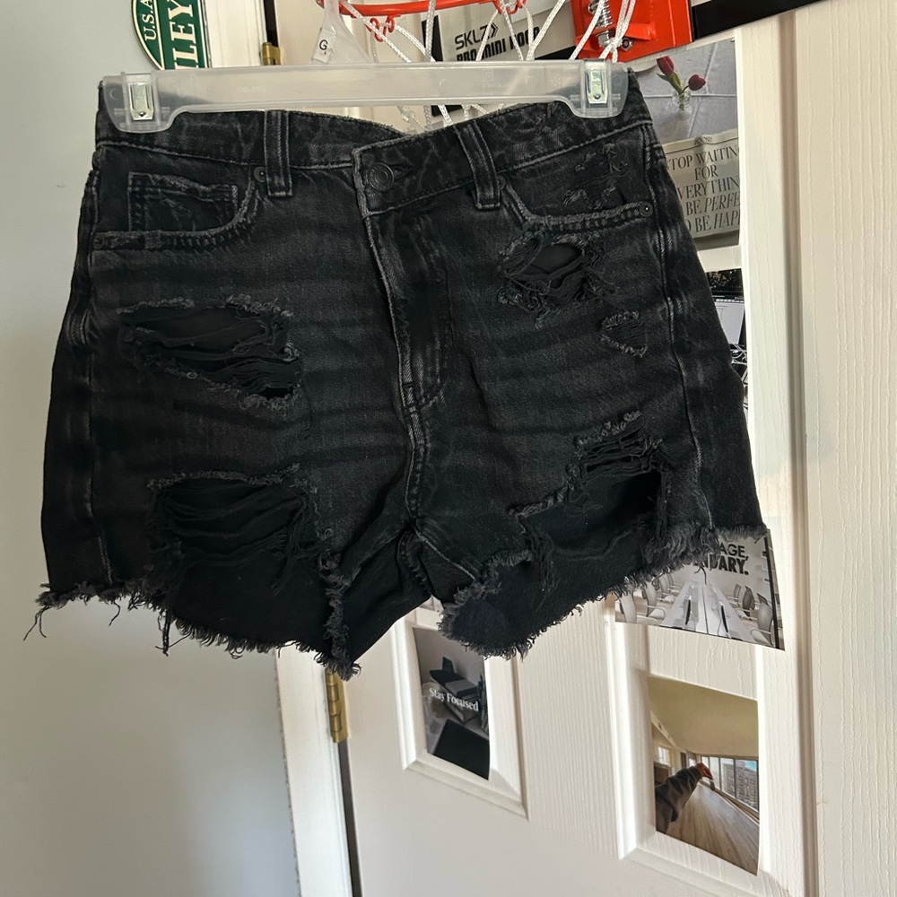 Distressed Black Denim Shorts